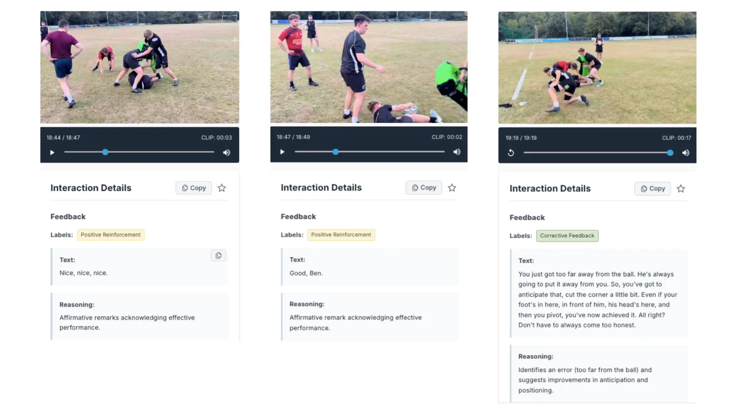 Three moments from my coaching session showing detail in the corrective feedback v positive reinforcement